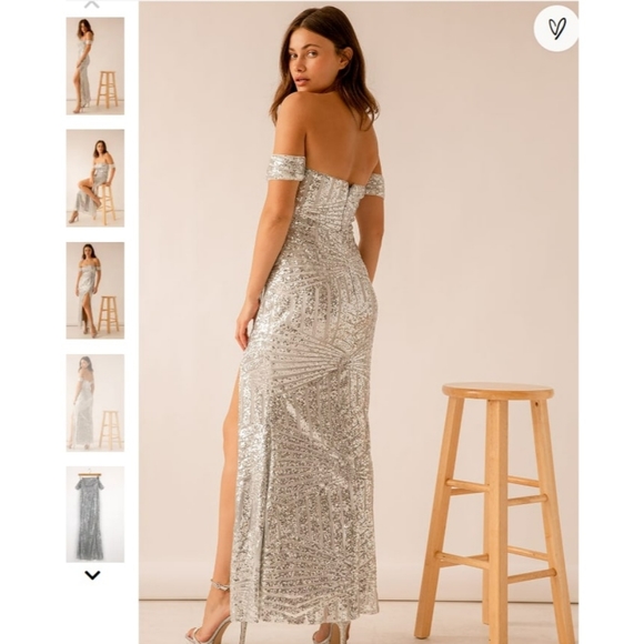 Lulu's You and Me Silver Sequin Off-the-Shoulder Mermaid Maxi Dress - Picture 2 of 7